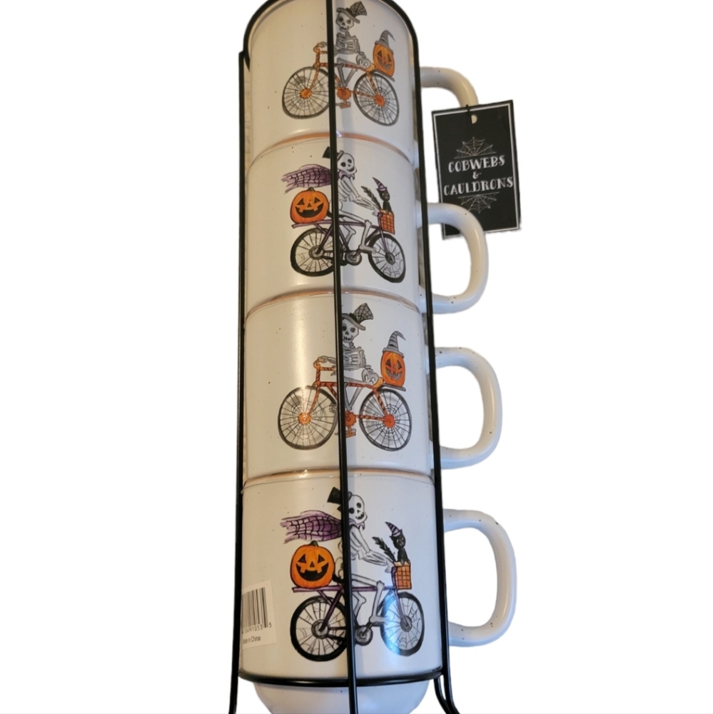 Cobwebs & Cauldrons Halloween Skeleton Coffee Cup Mug Set with Metal Rack
